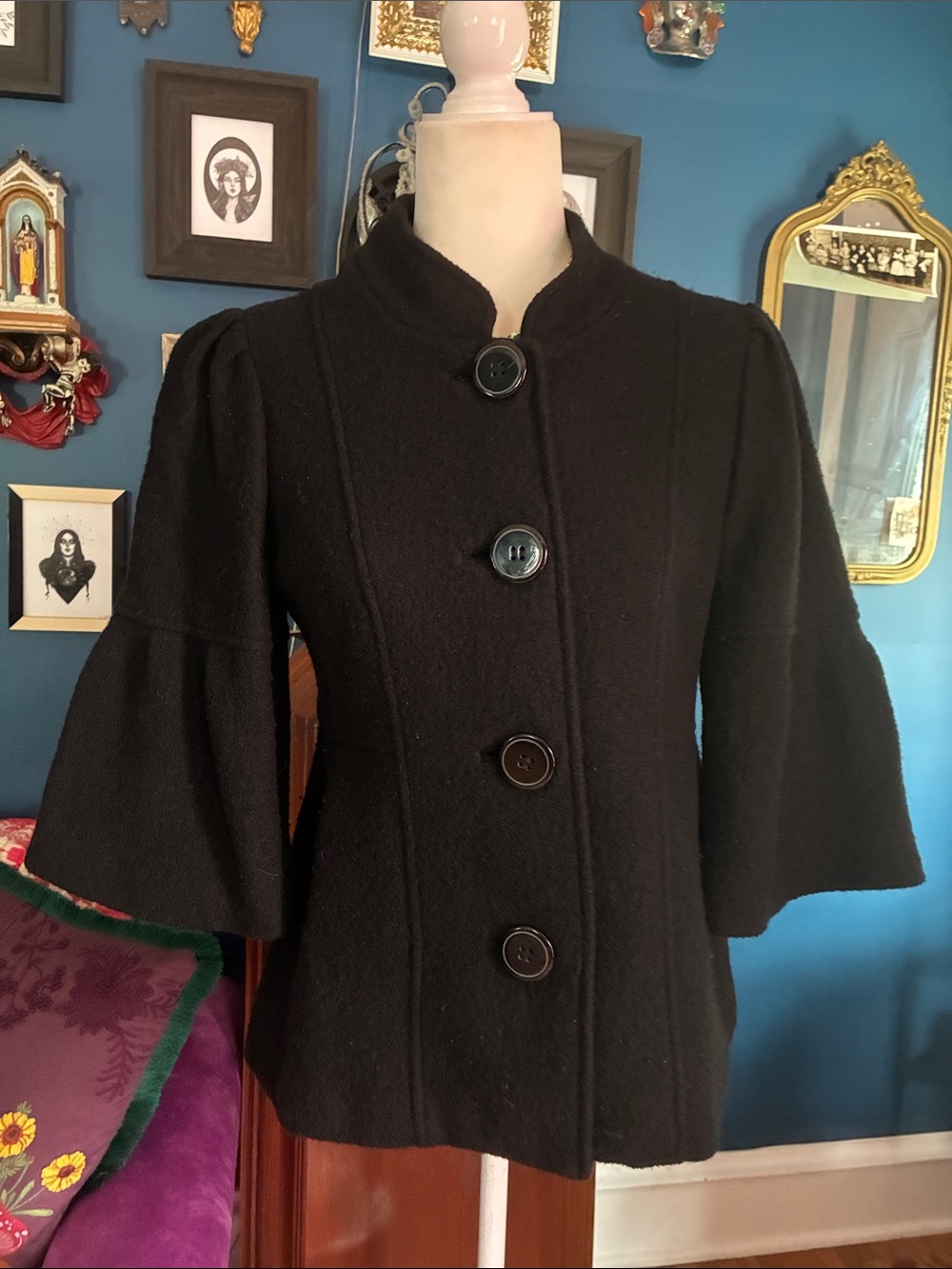 Vintage 100% Wool Black Bell Sleeve Mod Jacket Fully Lined